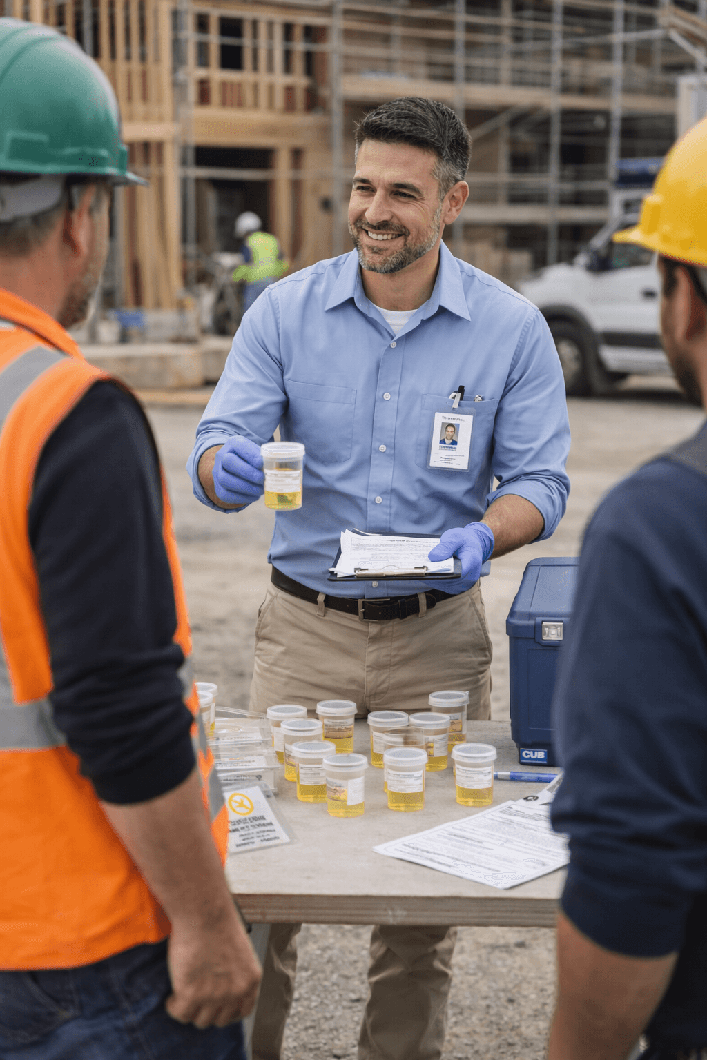 Outdoor employer collection setup at a construction job site: staging table, specimen supplies, and workers in PPE—typical field logistics for safety-sensitive work.