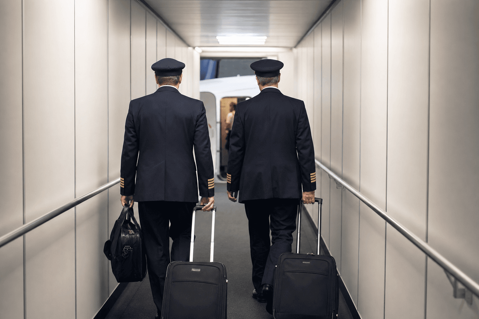 Two commercial airline pilots walking through a jet bridge toward their aircraft — FAA DOT drug and alcohol testing for aviation crews