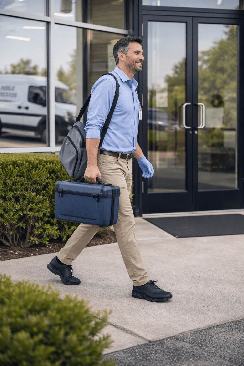 OnSite mobile drug testing collector arriving at an employer office with testing equipment—on-site collections for HR and safety teams.