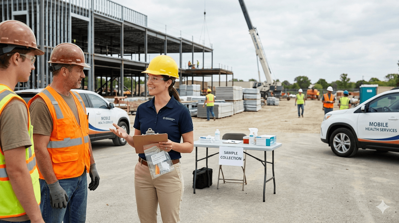Active construction job site: drug testing coordinator in a hard hat with clipboard and specimen supplies speaking with workers in high-visibility vests near a temporary sample collection table, steel framing and crane in the background.