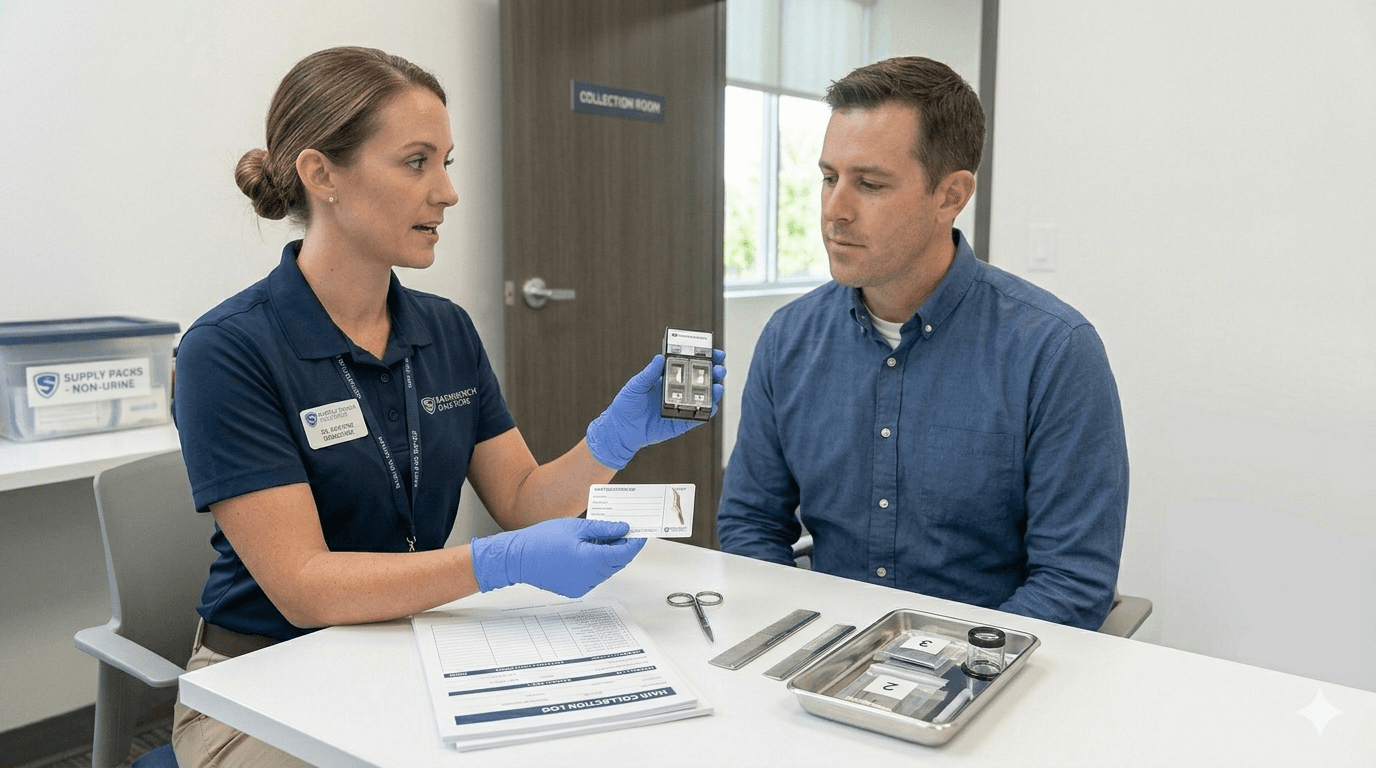 Employer hair drug test collection: gloved collection professional explains hair specimen supplies to a donor across a collection room table, with a hair collection log, sealed specimen packets, scissors, and measuring tools ready for protocol-compliant sampling.