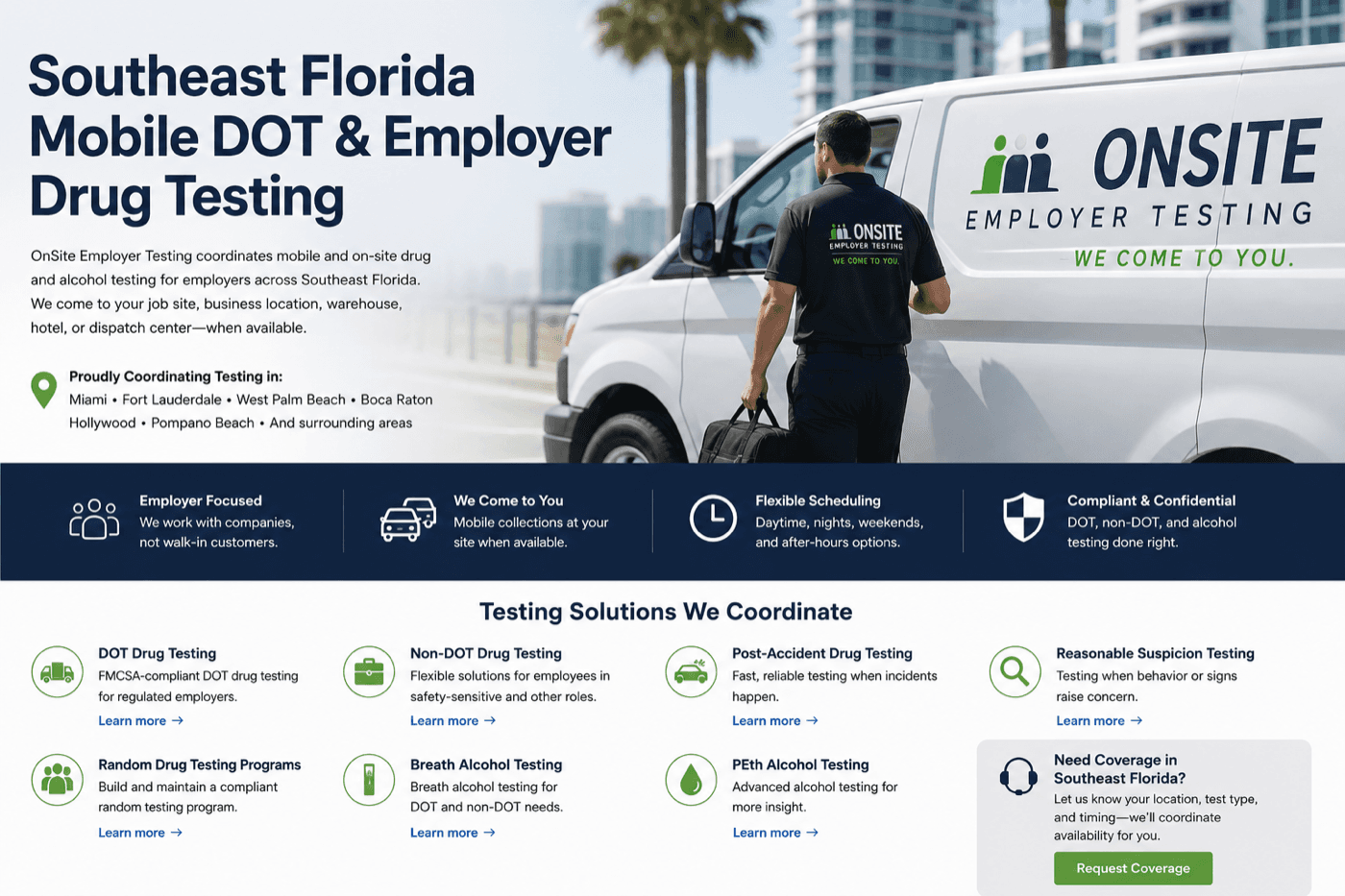 OnSite Employer Testing collector walking toward a branded mobile van with Southeast Florida skyline and palm trees in the background.
