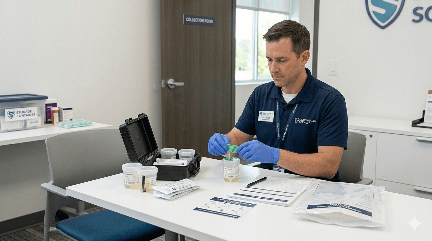 Professional urine specimen collection setup at an employer site: sealed collection cups, gloves, and custody paperwork on a clean staging table.