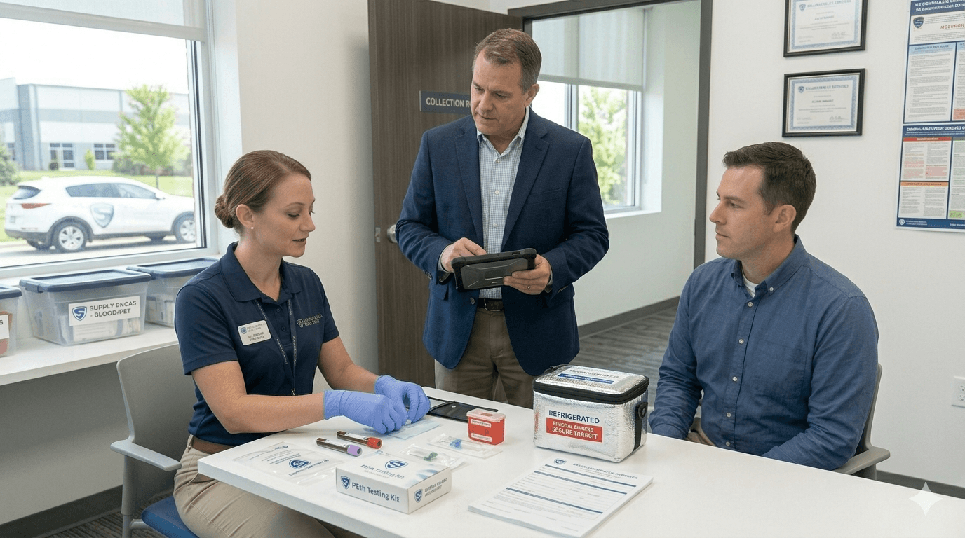 Employer workplace drug and alcohol collection: collector in gloves prepares sealed supplies at a table with a donor seated nearby; colleague records visit details on a tablet—calm, professional staging at a job site or employer facility rather than a retail clinic line.