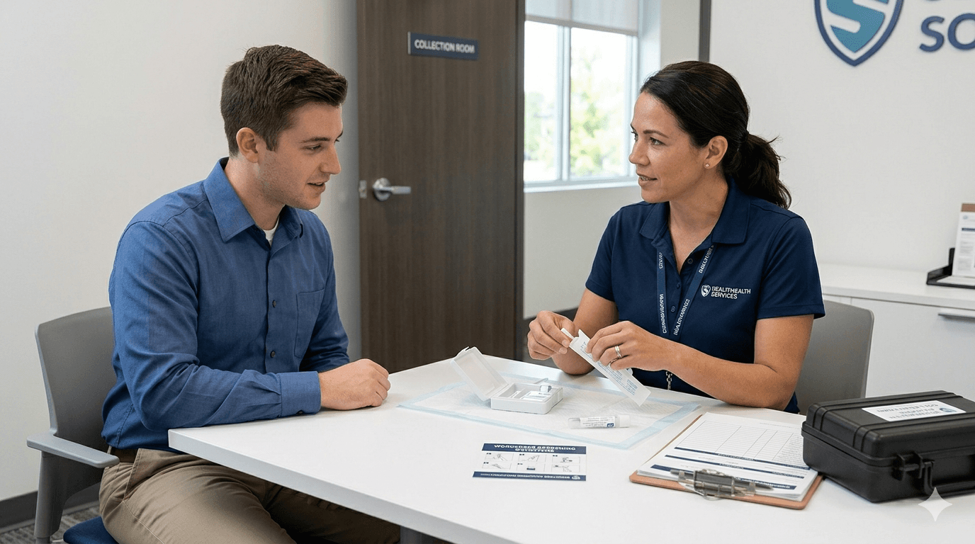 Professional oral fluid drug test collection: collector and donor seated at a table with sealed supplies and workplace-friendly staging.