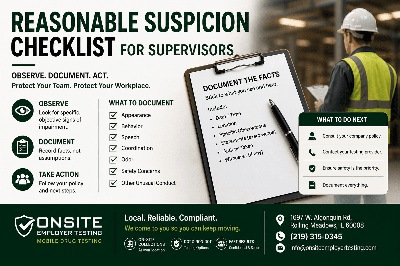 Infographic: Reasonable suspicion checklist for supervisors—observe, document facts, and follow policy next steps for workplace safety.