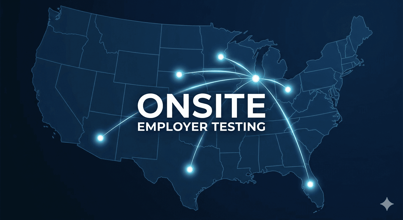 Stylized United States map with connected nodes suggesting coordinated nationwide employer testing programs.